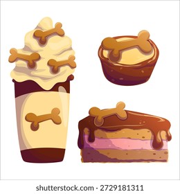 Vector illustration of drinks and sweets for animals. Pet, cafe, food, drink, together, family.