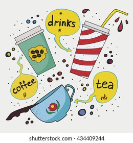 the vector illustration with drinks, tea, coffee, lemonade. Funny design