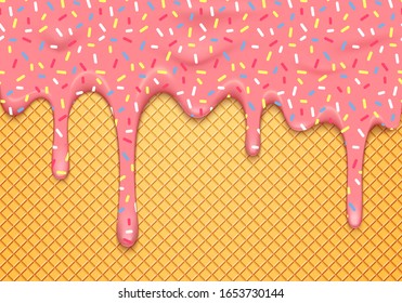 Vector Illustration with Dripping Pink Glaze with Colorful Sprinkles on Waffle. Abstract 3d Food Background.