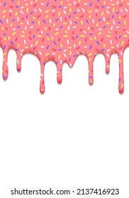 Vector Illustration of Dripping Pink Glaze with Colorful Sprinkles Isolated on White. Abstract 3d Food Background.