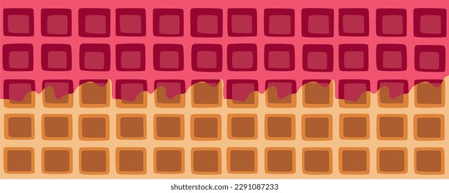 Vector Illustration with Dripping Pink Glaze with Colorful Sprinkles on Belgian Waffle. Abstract Food Background.