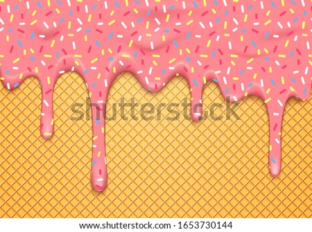 Vector Illustration with Dripping Pink Glaze with Colorful Sprinkles on Waffle. Abstract 3d Food Background.