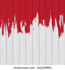 Vector illustration. Dripping red paint splash on white wooden wall, Mockup template background design