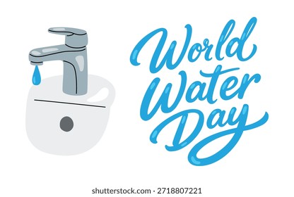 Ilustración vectorial de un grifo de agua goteando con gota y texto escrito a mano Día Mundial del Agua. Diseño plano y colorido sin contornos, símbolo de la conservación del agua, ecología, campaña de sensibilización.