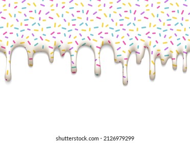 Vector Illustration with Dripping White Glaze Isolated on White Background. Sweet Seamless Border with Pattern.