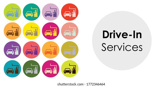 vector illustration of drive in services with colorful icons grid