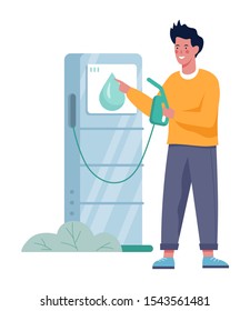 Vector illustration of a driver fuel his car with eco petrol. Ecological fuel concept. Man holding green filling hose in hands. Isolated flat illustration