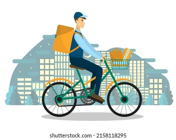 Vector Illustration Of The Driver On The Bike With An Order. Courier Ride A Bicycle. Delivery. Online Shopping And Ordering. Night Dark City On The Background