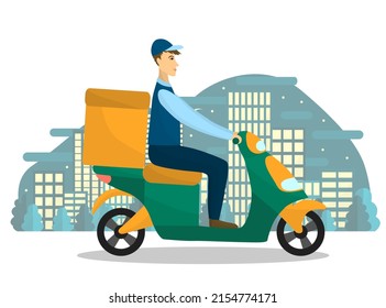 Ilustración vectorial del conductor en la motocicleta con un pedido y un paquete. Manejo nutritivo en la motocicleta. Imagen de entrega. Compras y pedidos en línea. Ciudad oscura nocturna en el fondo