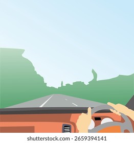 Ilustración vectorial de un conductor en una carretera recta con un fondo de árboles y un cielo matutino brillante, perfecto para conceptos de viaje, vacaciones o libertad