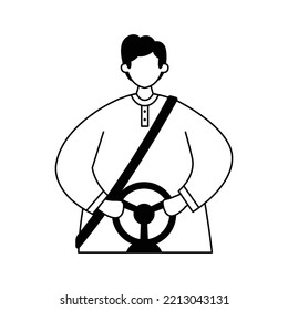 Vector illustration of a driver wearing a seat belt and hands on the steering wheel. Profession. Line art