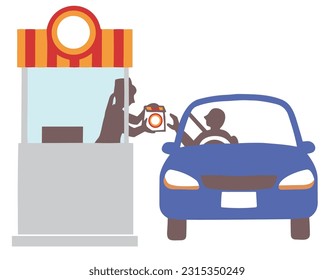 Vector illustration of drive-through, clerk handing goods and driver of car receiving, vector illustration.