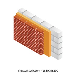 
Vector illustration driving insulation brick wall. Isometric white brickwork isolated on white background. AAC block wall of the house icon for web. Thermal protection. Material for home repair. 3D.