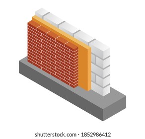 Vektorgrafik-Fahrisolierwand Isometrische weiße Ziegelsteine einzeln auf weißem Hintergrund. AAC Block Wand des Hauses Symbol für Web. Wärmeschutz. Material für die Heimreparatur. 3D.