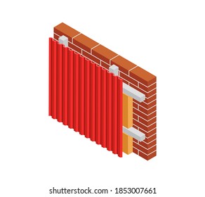 Vector illustration driving insulation brick wall. Isometric red brickwork isolated on white background. Brick and metal siding wall of the house icon. Thermal protection. Material for home repair. 3D