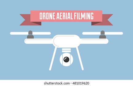 Vector illustration. Drone aerial filming badge with red ribbon. Designed for marketing