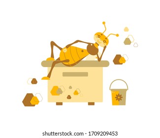 Vector illustration of a drone bee that lies on a hive with a flower on a background of honeycombs and a bucket. The concept of a healthy beehive and successful honey extraction. Flat design.
