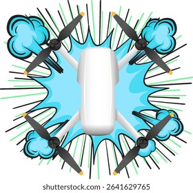 Vector illustration of a drone in a bold comic style with vibrant colors and dynamic composition