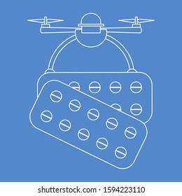 Vector illustration Drone carries pills on white background Drone flying through the air and delivers medicine Fast delivery to customer Future transportation concept Design for poster, website, print