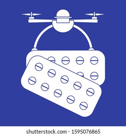 Vector illustration Drone carries pills on white background Drone flying through the air and delivers medicine Fast delivery to customer Future transportation concept Design for poster, website, print