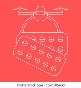 Vector illustration Drone carries pills on white background Drone flying through the air and delivers medicine Fast delivery to customer Future transportation concept Design for poster, website, print