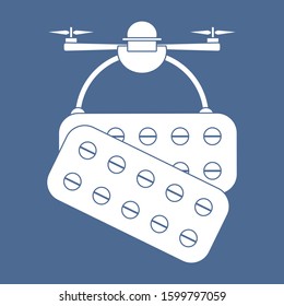 Vector illustration Drone carries pills on white background Drone flying through the air and delivers medicine Fast delivery to customer Future transportation concept Design for poster, website, print