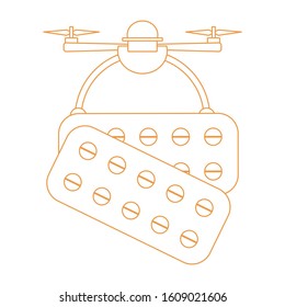 Vector illustration Drone carries pills on white background Drone flying through the air and delivers medicine Fast delivery to customer Future transportation concept Design for poster, website, print