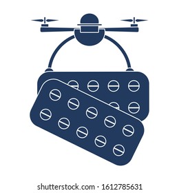 Vector illustration Drone carries pills on white background Drone flying through the air and delivers medicine Fast delivery to customer Future transportation concept Design for poster, website, print