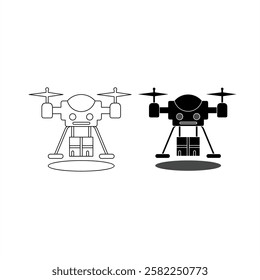 vector illustration of a drone carrying a package in black and white