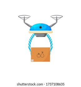 Vector illustration of drone contactless delivery isolated. Non-contact air express service to bring your purchase. Cartoon flat design of future logistic system. Blue quadcopter holding carton box