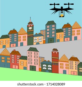 Vector illustration of drone flying above a city delivering parcel concept of using drone to deliver medical supplies PPE during covid-19 coronavirus pandemic outbreak