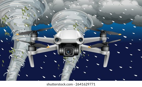 Vector illustration of a drone flying amidst tornadoes, showcasing dynamic weather elements and detailed technical design