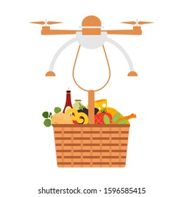 Vector illustration Drone flying through the air and carries food basket on white background. Fast delivery to customer. Future transportation concept. Design for poster, website, print