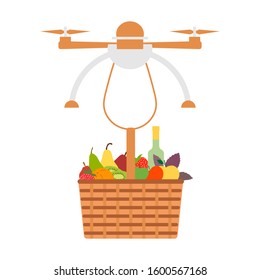 Vector illustration Drone flying through the air and carries food basket on white background. Fast delivery to customer. Future transportation concept. Design for poster, website, print