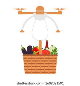 Vector illustration Drone flying through the air and carries food basket on white background. Fast delivery to customer. Future transportation concept. Design for poster, website, print