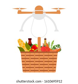 Vector illustration Drone flying through the air and carries food basket on white background. Fast delivery to customer. Future transportation concept. Design for poster, website, print