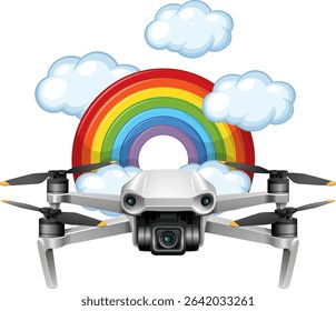 Vector illustration of a drone navigating through colorful rainbow and fluffy clouds, showcasing vibrant colors and dynamic composition