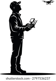 Vector illustration of a drone operator or pilot holding a remote controller and looking up, aerial photography tech hobbyist silhouette isolated on white.