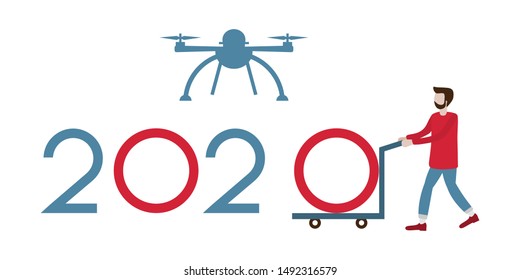 Vector illustration. Drone and people bring numbers for 2020. New year background. Design for web page, presentation, print.