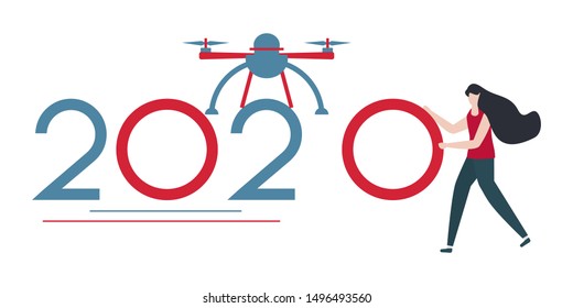 Vector illustration. Drone and people bring numbers for 2020. New year background. Design for web page, presentation, print.