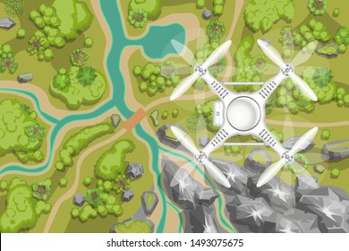 Vector illustration. Drone quadrocopter over the forest. Top view.