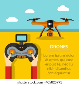 Vector Illustration with drone and remote control for the quadrocopter on color background. Drone with a video camera, control panel has a screen.