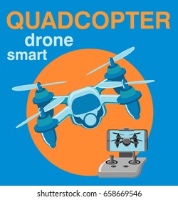 Vector Illustration with drone and remote control. Drone with a video camera, control panel has a screen.
