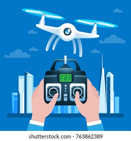 Vector Illustration with drone and remote control for the quadrocopter on City background Vector illustration