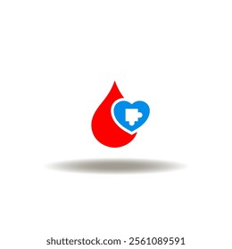 Vector illustration of drop blood and heart with puzzle piece. Icon of blood donation. Symbol of donor blood compatibility.