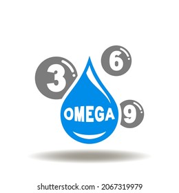 Vector Illustration Of Drop With Text Omega And Fat Molecule 3, 6, 9. Symbol Of Omega-3, Omega-6, Omega-9 Supplements. Icon Of Supplement.