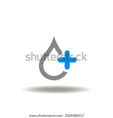 Vector illustration of drop water and plus sign. Icon of stay hydrated. Symbol of medical advice.