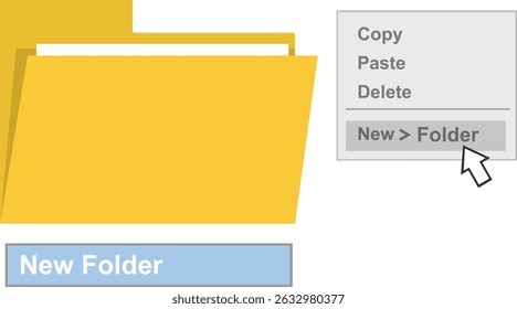 vector illustration dropdown pop-up menu and mouse cursor selecting the new folder option