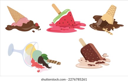 Vector Illustration of dropped ice cream on the floor. Vector isolated on white background. 3D cartoon Style. Waffle cone ice cream, stick ice cream, ice cream glass fell on the ground.