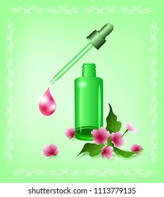 Vector illustration, dropper serum bottle, and a liquid drop on green background with some flowers